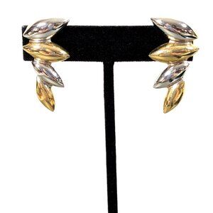 Vintage Two Tone Oval Stacked Drop Metallic Clip On‎ Earrings Retro